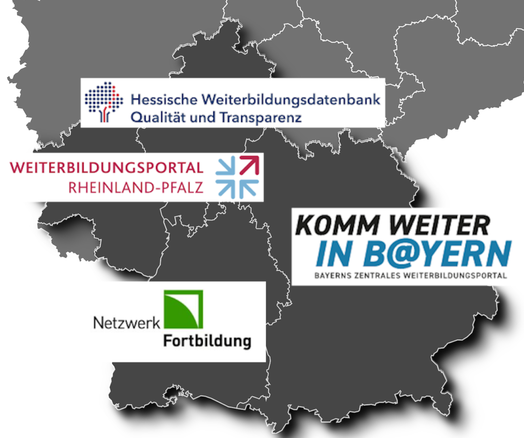 Karte Süddeutschlands mit Logos der benachbarten Weiterbildungsportale von Bayern, Rheinland-Pfalz und Hessen