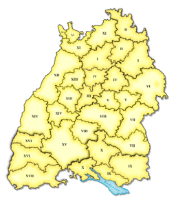 Landkarte Baden-Württemberg, Einzeichnung der Regionalbüros als Ziffern